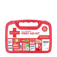 the first aid kit is red and contains all kinds of medical supplies, including scissors, bandages