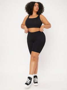 Preto Casual Collar  Tecido Simples Shorts de ciclista Embellished Elasticidade Média Shorts Gym Outfit, Feminine Black Women, Cycling Shorts Outfit, Shein Basics, Legging Outfits, Plus Size Leggings, Cycling Shorts, Plus Size Shorts, Black Sports Bra