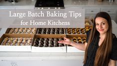 a woman standing in front of an assortment of baking tips for home kitchen cupboards