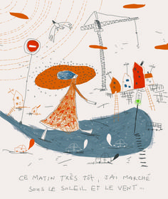 a drawing of a woman in a boat with an orange umbrella and some birds flying above her