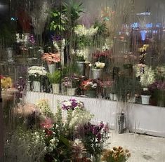 a bunch of flowers that are sitting in front of a glass window with rain falling on them