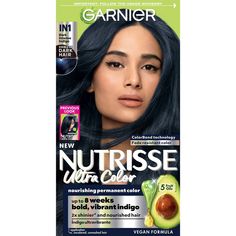 Garnier Nutrisse Ultra Color Nourishing Hair Color Creme delivers up to 8 weeks of bold ultra vibrant fade resistant color in just one step. For all hair textures and even on dark bases with NEW Color Bond technology that helps the dyes penetrate your hair fiber. Garnier Nutrisse is the only hair color creme with a separate ampoule of grapeseed oil that you snap and pour directly into your mix. Lock in moisture and color with our after-color mask infused with five oils avocado, olive, coconut, a Indigo Hair Color, Long Lasting Hair Color, Indigo Hair, Garnier Hair Color, Color Mask, Dyed Hair Purple, Dyed Red Hair, Hair Color Cream, Hair Textures