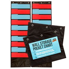 two black and red storage pockets with labels on each side, one blue and the other red