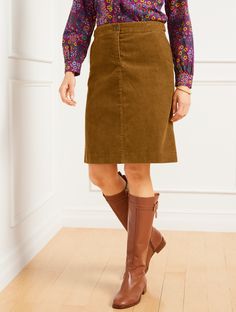 Our versatile A-line skirt in soft corduroy. Features angled slip pockets and button tab at the side waist. It’s the season's must-have. Features A-Line Hits Above KneeFront zip with button closureAngled slip pocketsImported Fit: Misses: 20"; Petite: 19"; Plus: 22"; Plus Petite: 20" Material: 73% Cotton, 27% Polyester Care: Machine Wash Cold; Only Non-Chlorine Bleach When Needed; Tumble Dry Low; Warm Iron, If Needed | A-Line Skirt - Corduroy Talbots Cord Skirt Outfit, Cord Skirt, Classy Dress Outfits, Classic Style Women, New Pant, Corduroy Skirt, Skirt Outfit, Classy Dress, Skirt Outfits