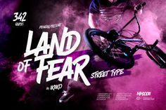 a man riding a bike on top of a purple and black background with the words land of fear