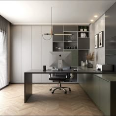 an office with a desk, chair and shelves