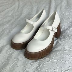 Mia Natania White Malta Platform Mary Jane Lug Sole Pump (Women) 9.5m Nib Faux Leather Shoe Cushioned Footbed 3" Heel Item No. 56530gs1172909a Style Gs1172909 | Sku 965016 White Faux Leather, Rubber Goth, Coquette, Shoujo Shoes, Coquette Sneakers, Shifting Wardrobe, White Mary Janes, White Mary Jane Shoes, Mia Sandals, Goth Coquette, Chunky Combat Boots, White Platform Shoes