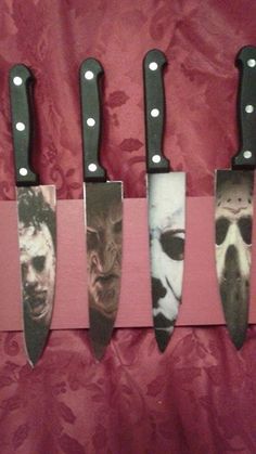 five knives with pictures of zombies on them