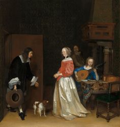 a painting of two people and a dog in an old - fashioned room, one playing the guitar