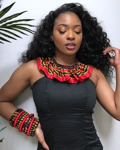 These are African print Ankara jewelry sets are made with Toghu satin print from Cameroon. This necklace doesn’t need much, put it over a simple slip dress and you are the talk of the whole party. This is a true conversation starter.Select your Set: 1 necklace, 4 small bangle bracelets ( 2 red and 2 toghu print)+/_ Earrings Fabric: Polyester satin African Print fabric- Necklace is tied behind the neck- Earrings have different shapes. You can receive one of the shape in the pictures or a differen Modern African Print Dresses, Ankara Jewelry, African Fabric Accessories, Simple Slip Dress, African Bangles, Cut Shirt Designs, African Print Skirt, African Accessories, African Dresses Modern