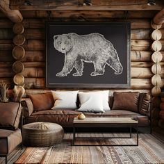 a living room filled with furniture and a bear drawing on the wall above it's couch