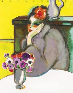 a painting of a woman sitting at a table with flowers in front of her face