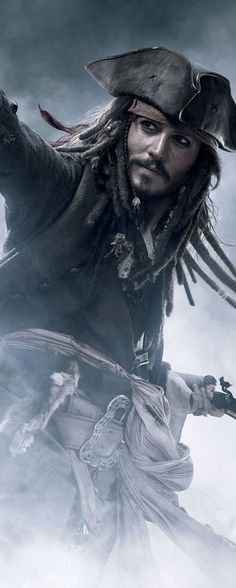 a man dressed as captain jack sparrow flying through the air with his arms outstretched in front of him