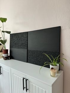 a plant is sitting on top of a white cabinet