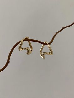 two gold earrings on a branch against a gray background