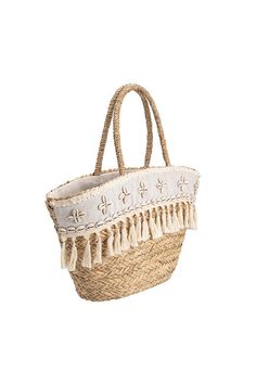 The perfect blend of coastal charm and bohemian style, the Arielle is the perfect tote bag for your summer needs. A handwoven straw design with seashell and tassel details across the front and interior drawstring closure, made for a spacious interior. Straw 22"W x 12"H x 4"D Handle Drop: 8" Drawstring Closure Unlined Fits up to a standard-size tablet Product No. YN7535SHL Melie Bianco believes in quality, craftsmanship, and affordable luxury. Their bags are made from premium vegan leather, ethic Cream Bohemian Shoulder Bag For Beach Season, Bohemian Cream Shoulder Bag For Beach Season, Bohemian Beige Straw Bag For Vacation, Jute Straw Bag For Summer Outings, Bohemian Cream Beach Bag For Beach Season, Bohemian Tote Beach Bag For Summer Outings, Bohemian Beach Tote Bag For Summer Outings, Woven Jute Straw Bag For Summer Outings, Beige Bohemian Beach Bag For Summer Outings