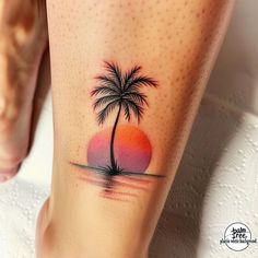 Sunset Ink Master Tattoo Files Pine And Palm Tree Tattoo, Beach Tattoo Black And White, Palm Tree With Sunset Tattoo, Flamingo Palm Tree Tattoo, Sunset Tattoos For Women, Beach Tattoo Design, Beach Themed Tattoos For Women, Sunset Tattoo Design