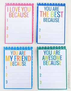 four colorful note cards with the words you are my friend because