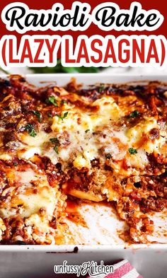 a casserole dish filled with lasagna and cheese