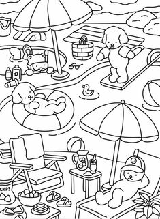 a coloring page with beach scenes and umbrellas