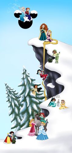 an animated christmas scene with snow, trees and people in the snow wearing princess dresses