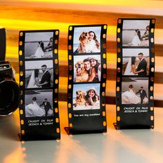 three black and white photos are placed next to a film strip with pictures on it