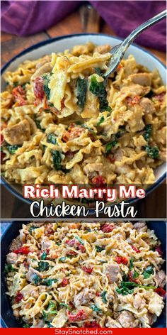 two pictures of different types of pasta and one with the words, rich marry me chicken pasta