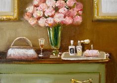 a painting of pink flowers in a vase on a dresser with other items and decor