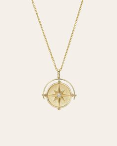 Spinner Compass Medallion Necklace - Zoe Lev Jewelry Celestial Yellow Gold Jewelry With Compass Design, Diamond Compass Design Round Jewelry, Round Diamond Jewelry With Compass Design, Sterling Silver Yellow Gold Compass Design Necklace, Sterling Silver Yellow Gold Necklace With Compass Design, Timeless Gold Necklace With Compass Design, Travel Yellow Gold Jewelry With Compass Design, Yellow Gold Pendant Necklaces For Travel, Yellow Gold Pendant Jewelry For Travel