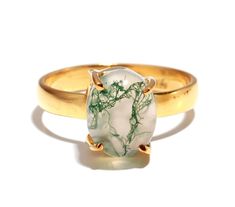 Jewelry Stacking, Jewelry Delicate, Wedding Unique, Green Moss Agate, Yellow Gold Jewelry, Oval Ring, Cabochon Ring