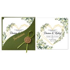 the wedding card is decorated with greenery and a waxed seal on it's side