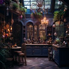 an old fashioned kitchen with lots of potted plants on the shelves and chandeliers hanging from the ceiling