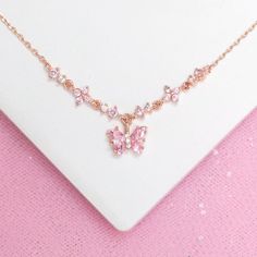 Pink Wedding Necklace, Aesthetic Pink Accessories, Cute Pink Necklaces, Pink Butterfly Jewelry, Pink And Silver Necklace, Cute Pink Necklace, Pink Butterfly Necklace, Pink And Gold Necklace, Cute Pink Jewelry