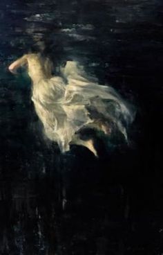 a painting of a woman floating in the water with her dress flowing over her head