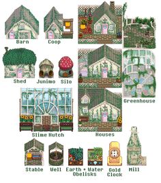 the different types of houses and windows in pixel art style, with text below them