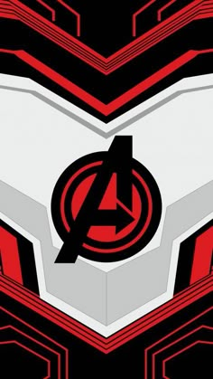 the avengers logo is shown in red, black and white colors on an abstract background