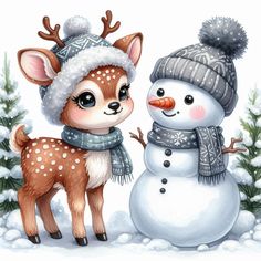 a deer and a snowman are standing in the snow