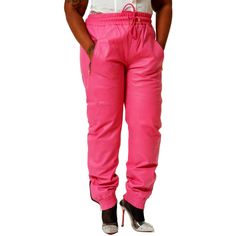 Womens Pink leather joggers front Trendy Pink Relaxed Fit Sweatpants, Trendy Pink Parachute Pants For Streetwear, Trendy Leather Pants For Spring Streetwear, Pink Parachute Pants For Spring Loungewear, Spring Pink Parachute Pants For Loungewear, Pink Cargo Pants For Streetwear, Trendy Pink Parachute Pants, Trendy Fitted Pink Leather Pants, Trendy Pink Bottoms For Winter