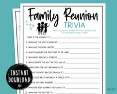 a family reunion trivia is shown with the word family reunion written in black on it