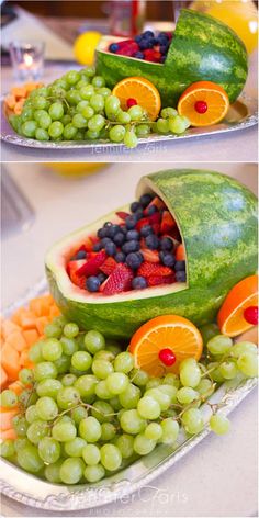 there are many different fruits and vegetables on the trays to be cut in half