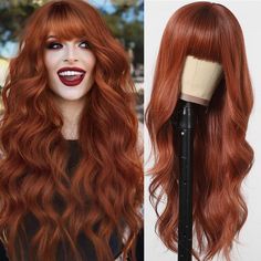 PRICES MAY VARY. ✨MATERIAL: The long reddish brown wavy wig is made of high-quality heat resistant synthetic fiber wig and stands heat up to 150°c(300°f). soft touching even better than your own hair, skin-friendly and soft hair made the wig very comfortable.More durable,You can easily wear it all day.And Has a realistic look. ✨ Wig Type: This long auburn curly wig with bangs, length of 26 inch wig for white women hair has a color that is popular among women. Compared with other curly hair, the 26 Inch Wig, Copper Wig, Ginger Ombre, Curly Hair Wigs, Synthetic Curly Hair, Wavy Wigs, Brown Copper, Curly Hair Wig, Red Wigs