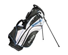 a black and white golf bag with blue trimmings on the bottom, sitting in front of a white background