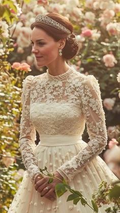 a woman in a wedding dress standing next to flowers