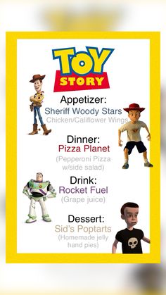 the toy story appetizer menu is shown