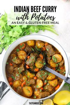 a bowl filled with potatoes and meat next to lemons, cilantro and parsley