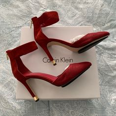 New With Box. Sold Out Everywhere. Love The Rich Red Color But A Little Too High For Me. 4" Heels With Classy Gold Detail. Never Worn, Just Tried On. Zipper On The Back. Suede Material. Red Heels Classy Elegant, Red High Heels For Prom, Ruby Red Heels, Prom Shoes Red Dress, Red Heels Quinceanera, Red Prom Heels, Accessories With Outfits, Red Heels Aesthetic, Red And Gold Heels