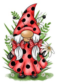 a cartoon lady bug sitting on top of a green grass covered in white daisies