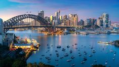 an aerial view of the city and harbor at dusk