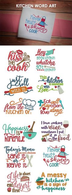 the kitchen word art is shown in different colors