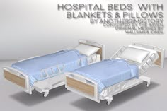 two hospital beds with blankets and pillows are shown in an advertisement for the bedding department